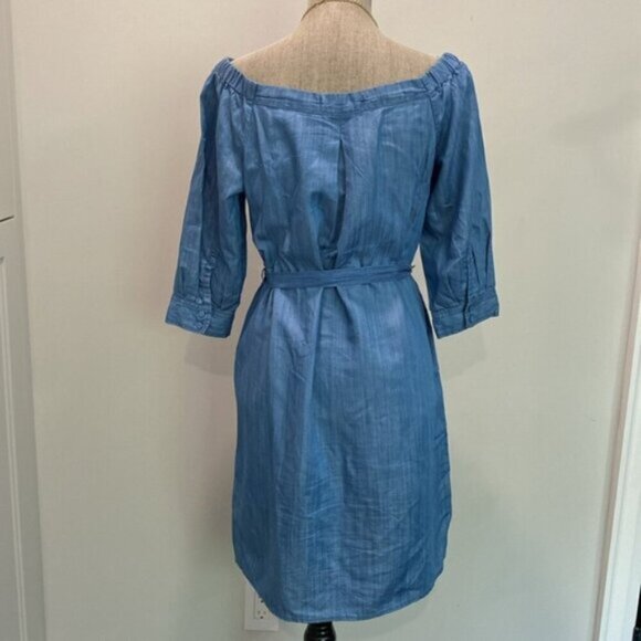 DO+BE Chambray Off Shoulder Belted Dress  Blue Denim Look Boho Cottagecore - Picture 9 of 13